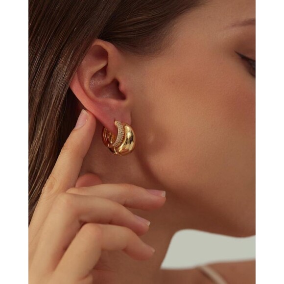 Gold Hoop Earrings Set 14K Gold Plated Pave CZ Earrings Set Three Piercing Set - Picture 3 of 4